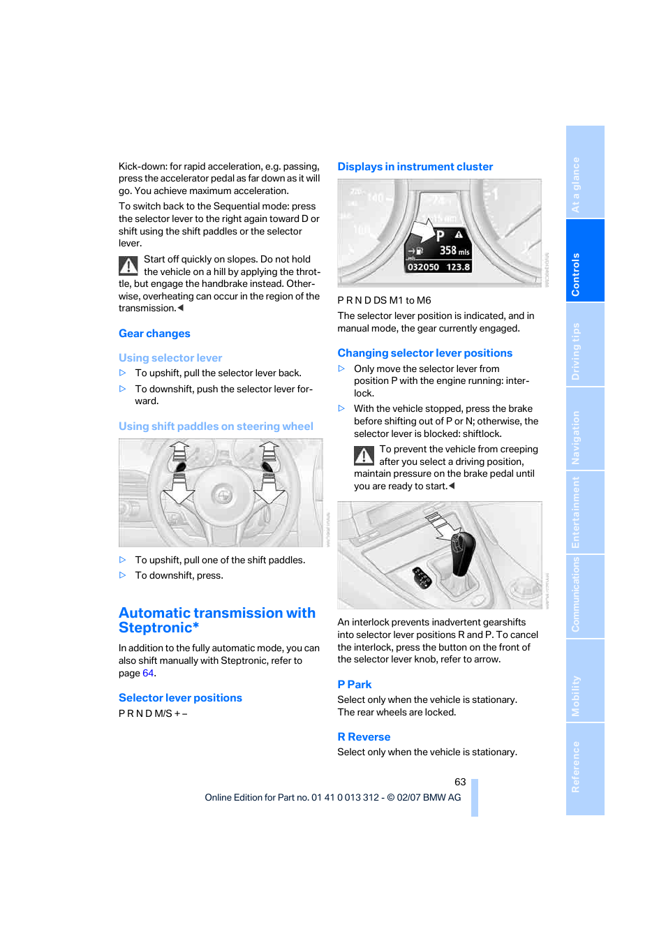 Automatic transmission with steptronic | BMW 650i Convertible 2007 User Manual | Page 65 / 254