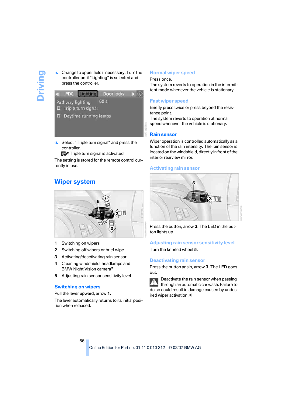 Wiper system, Driving | BMW 650i Convertible 2007 User Manual | Page 68 / 254