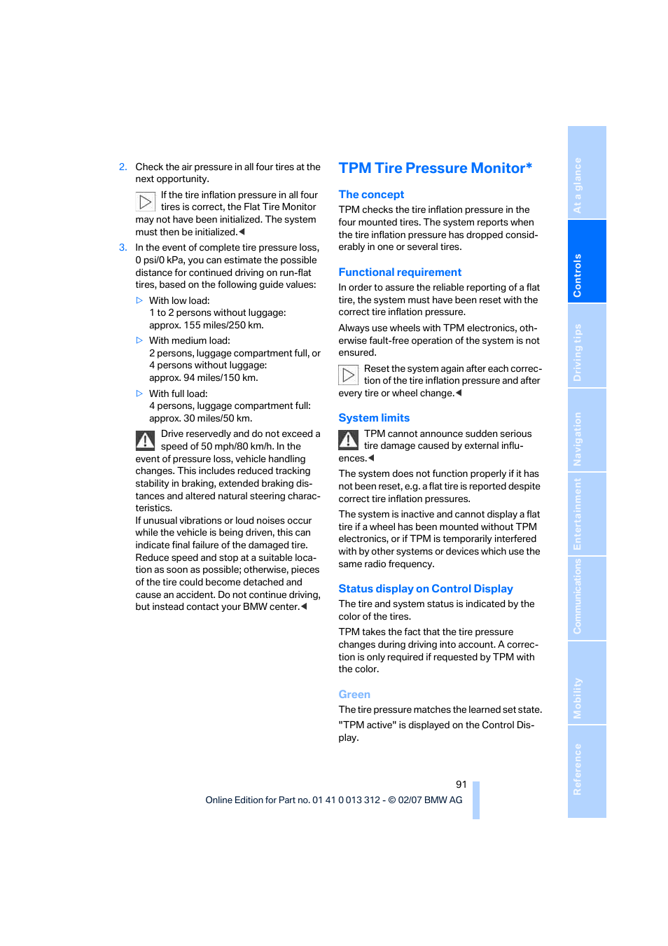 Tpm tire pressure monitor | BMW 650i Convertible 2007 User Manual | Page 93 / 254