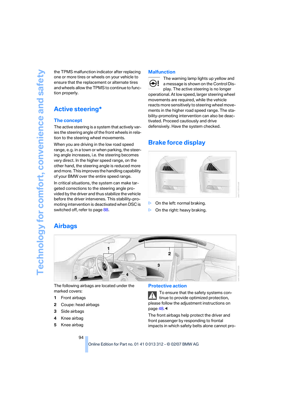 Active steering, Brake force display, Airbags | BMW 650i Convertible 2007 User Manual | Page 96 / 254