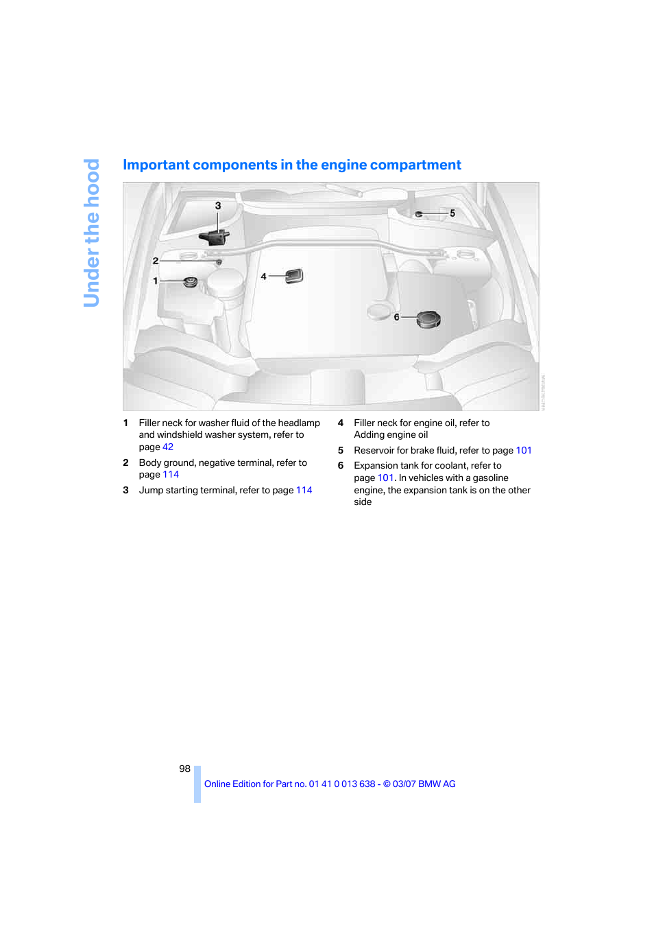 Important components in the engine compartment | BMW X3 3.0si SAV 2007 User Manual | Page 100 / 139