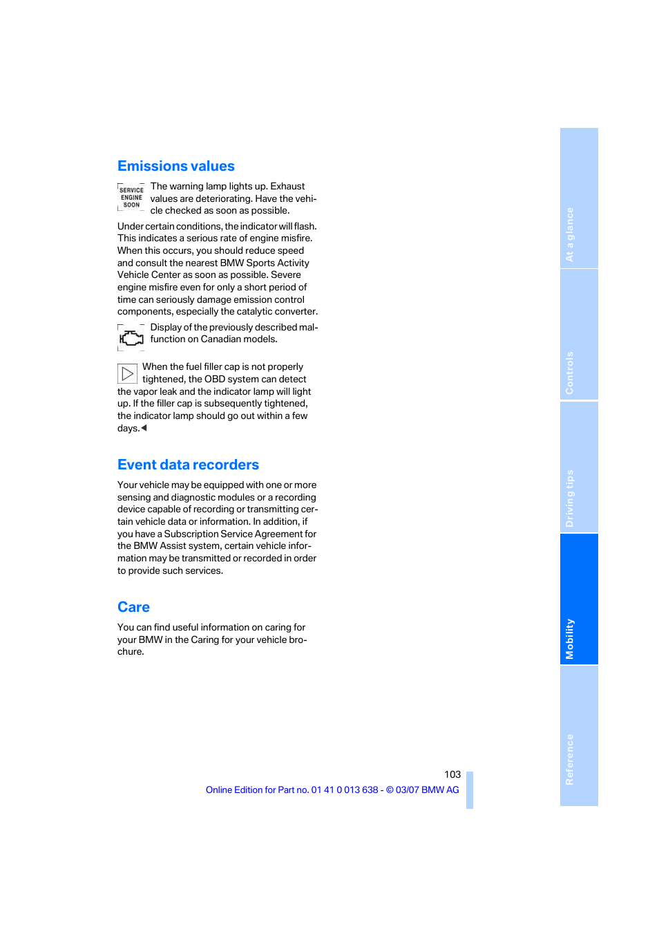 Emissions values, Event data recorders, Care | BMW X3 3.0si SAV 2007 User Manual | Page 105 / 139