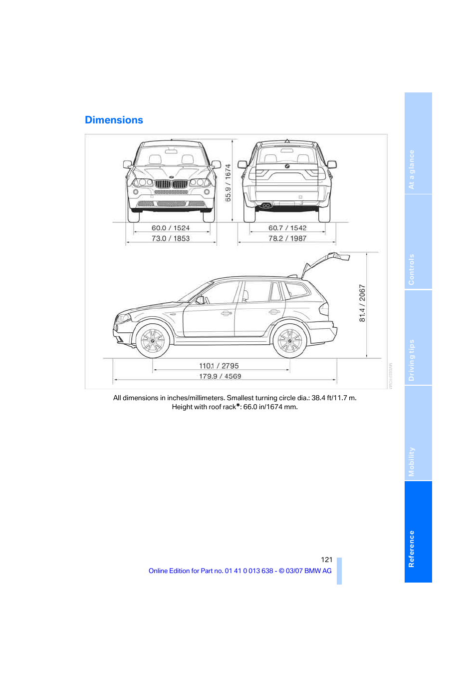 Dimensions | BMW X3 3.0si SAV 2007 User Manual | Page 123 / 139