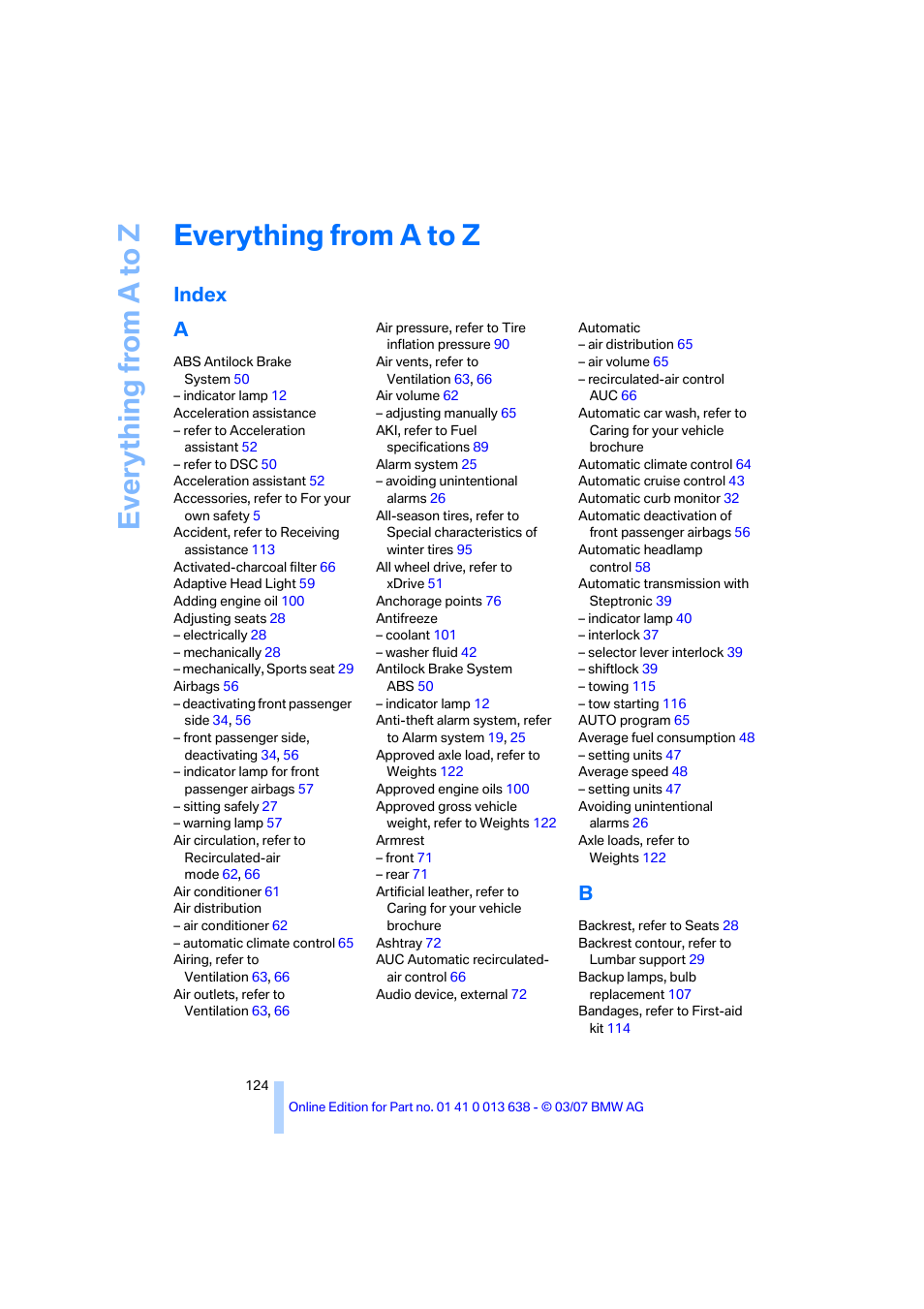 Everything from a to z, Index, Index a | BMW X3 3.0si SAV 2007 User Manual | Page 126 / 139