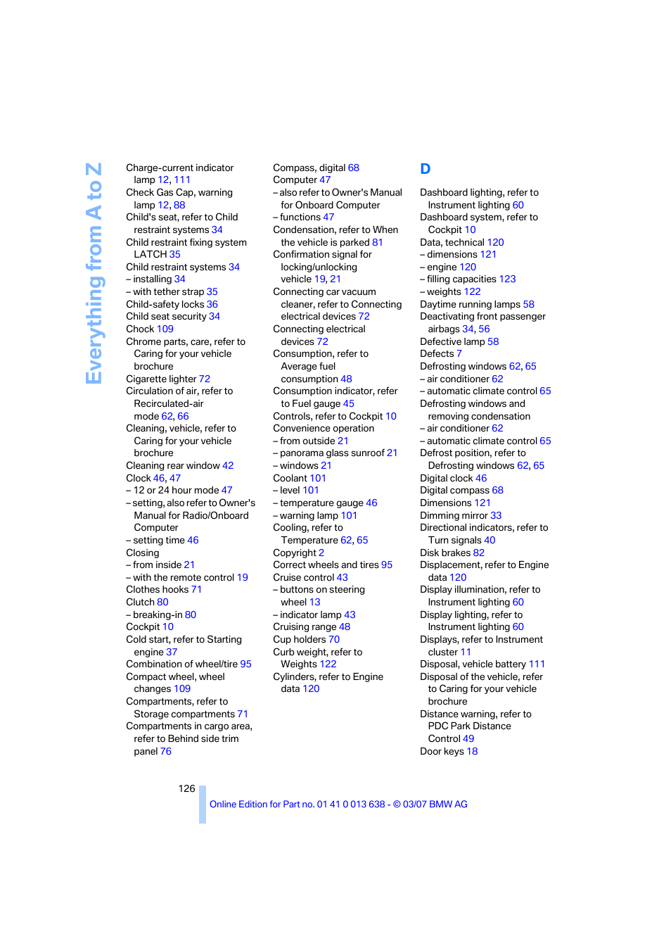 Everything from a to z | BMW X3 3.0si SAV 2007 User Manual | Page 128 / 139