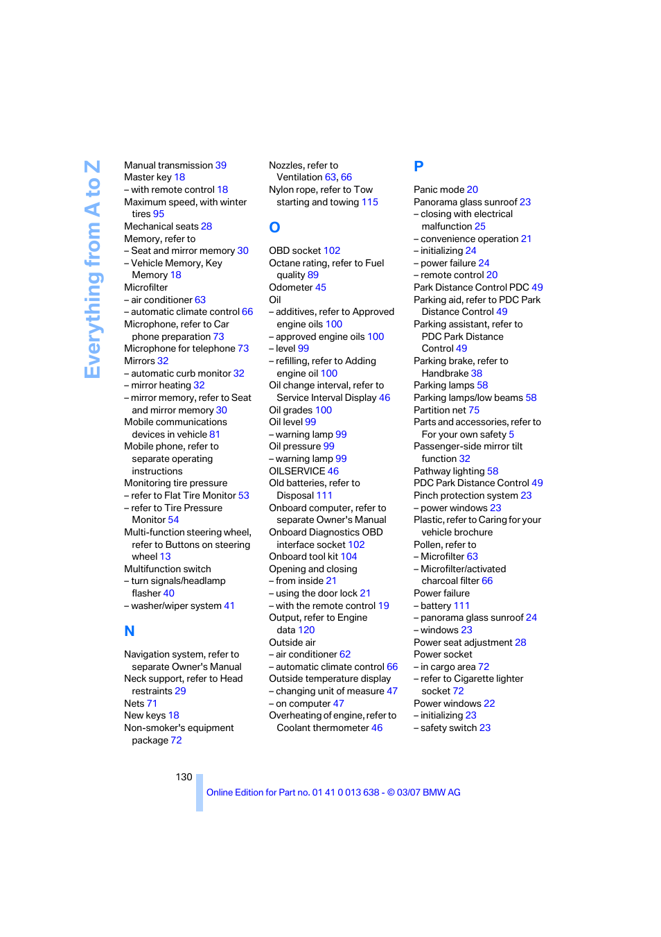 Everything from a to z | BMW X3 3.0si SAV 2007 User Manual | Page 132 / 139