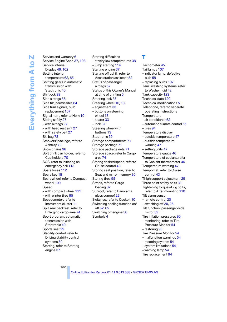 Everything from a to z | BMW X3 3.0si SAV 2007 User Manual | Page 134 / 139