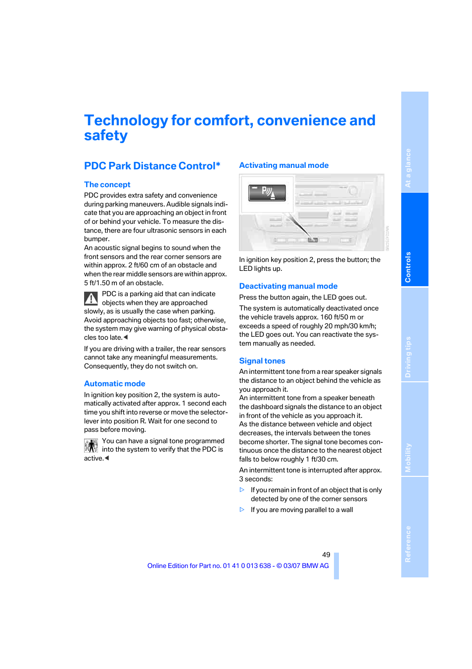 Technology for comfort, convenience and safety, Pdc park distance control | BMW X3 3.0si SAV 2007 User Manual | Page 51 / 139