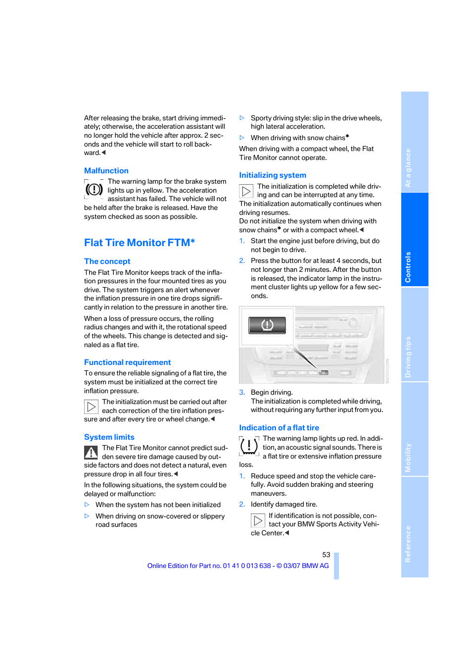 Flat tire monitor ftm | BMW X3 3.0si SAV 2007 User Manual | Page 55 / 139