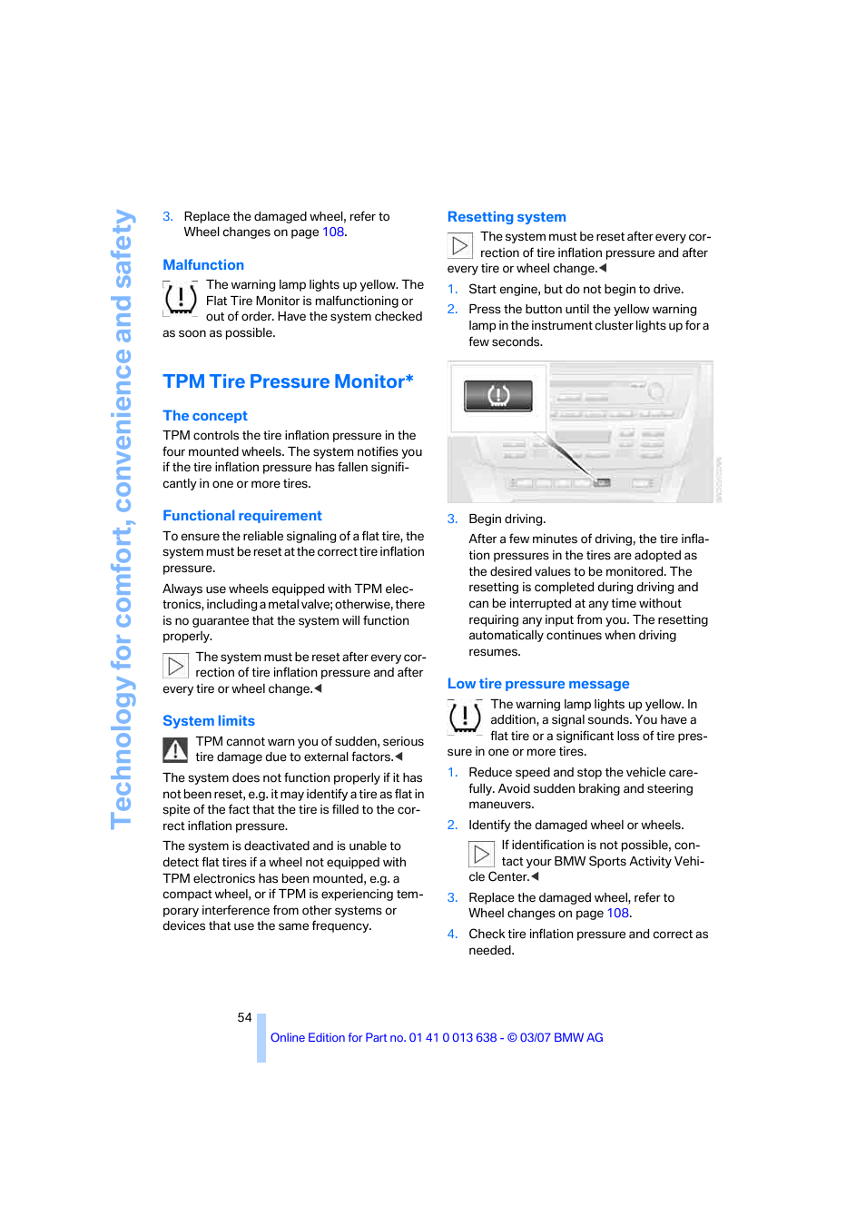 Tpm tire pressure monitor | BMW X3 3.0si SAV 2007 User Manual | Page 56 / 139