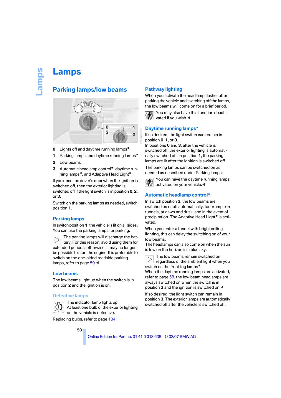 Lamps, Parking lamps/low beams, La mp s | BMW X3 3.0si SAV 2007 User Manual | Page 60 / 139