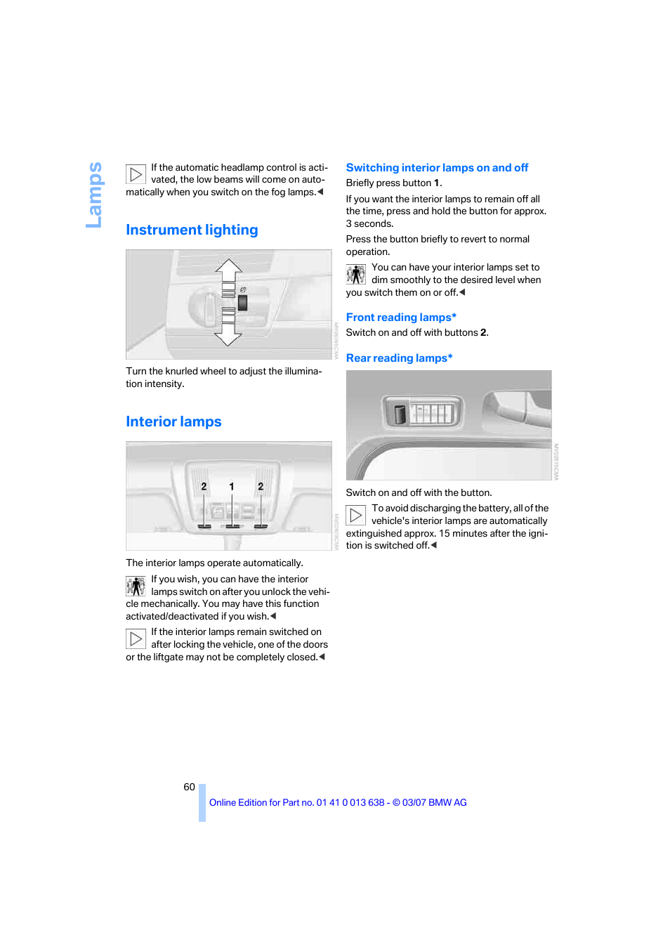 Instrument lighting, Interior lamps, La mp s | BMW X3 3.0si SAV 2007 User Manual | Page 62 / 139