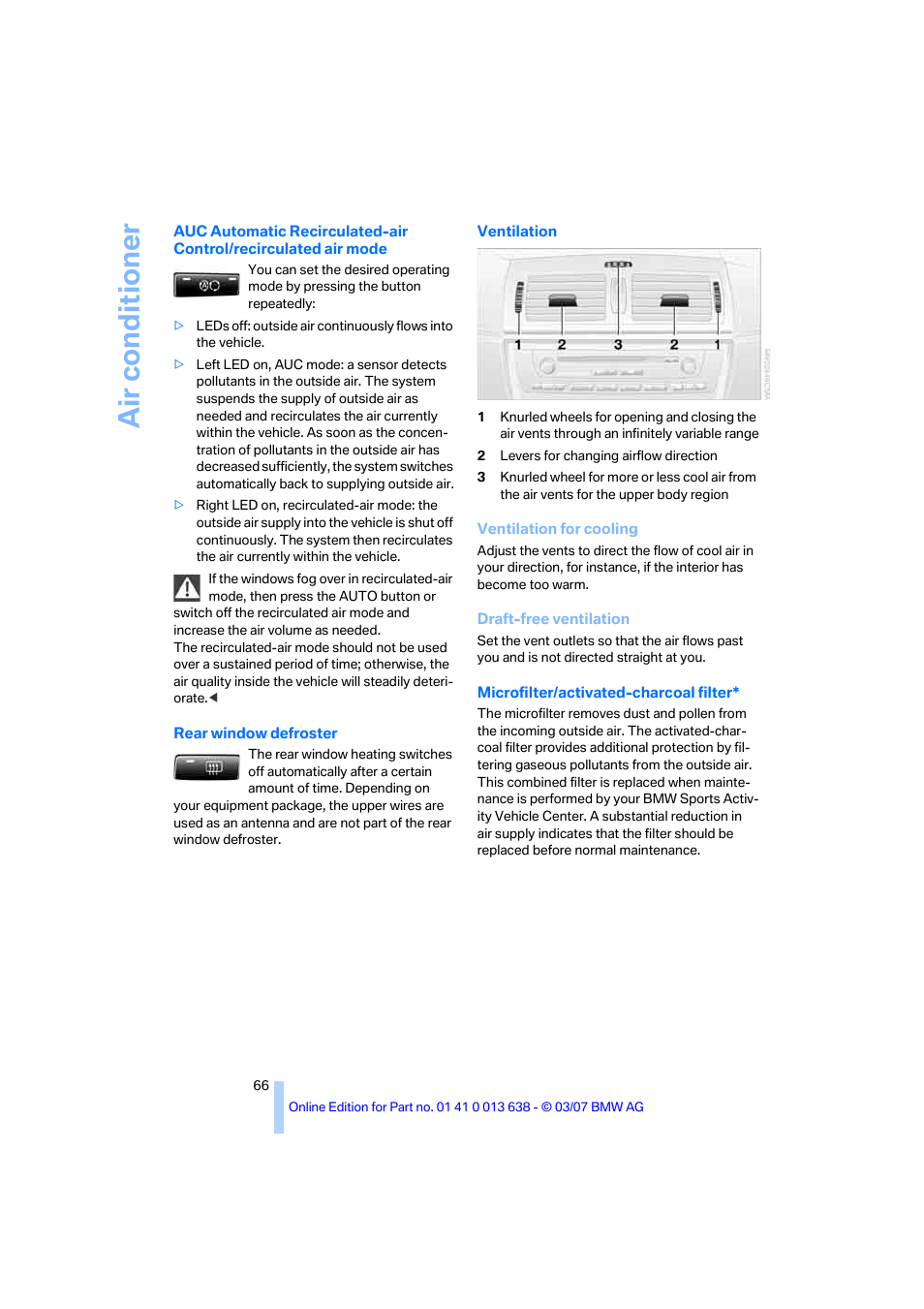 Air co ndit io ne r | BMW X3 3.0si SAV 2007 User Manual | Page 68 / 139