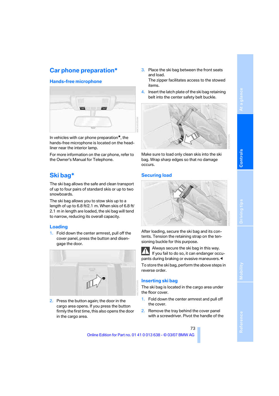 Car phone preparation, Ski bag | BMW X3 3.0si SAV 2007 User Manual | Page 75 / 139