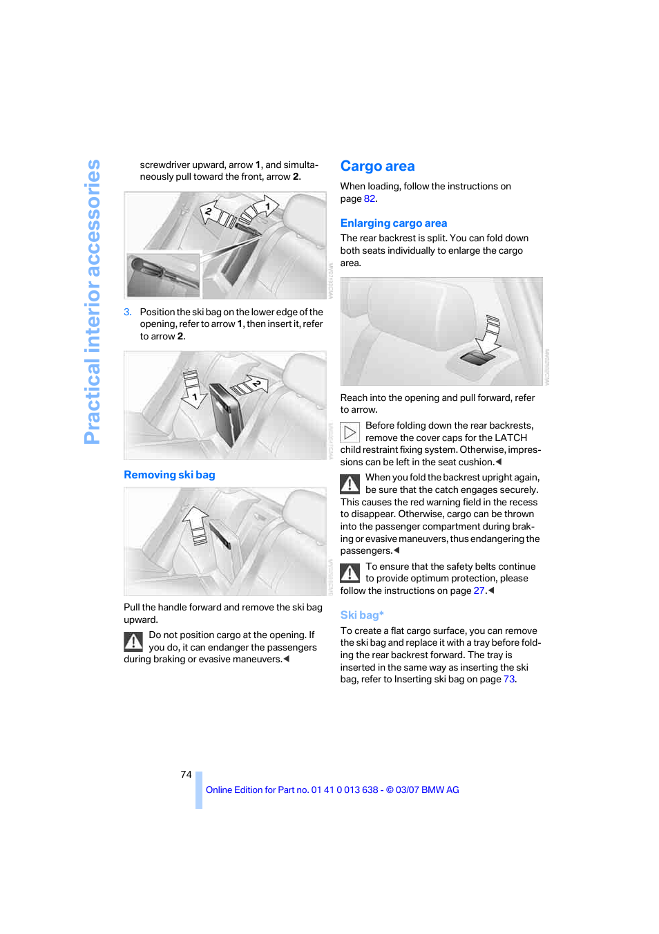 Cargo area, Practical interi or acc ess orie s | BMW X3 3.0si SAV 2007 User Manual | Page 76 / 139