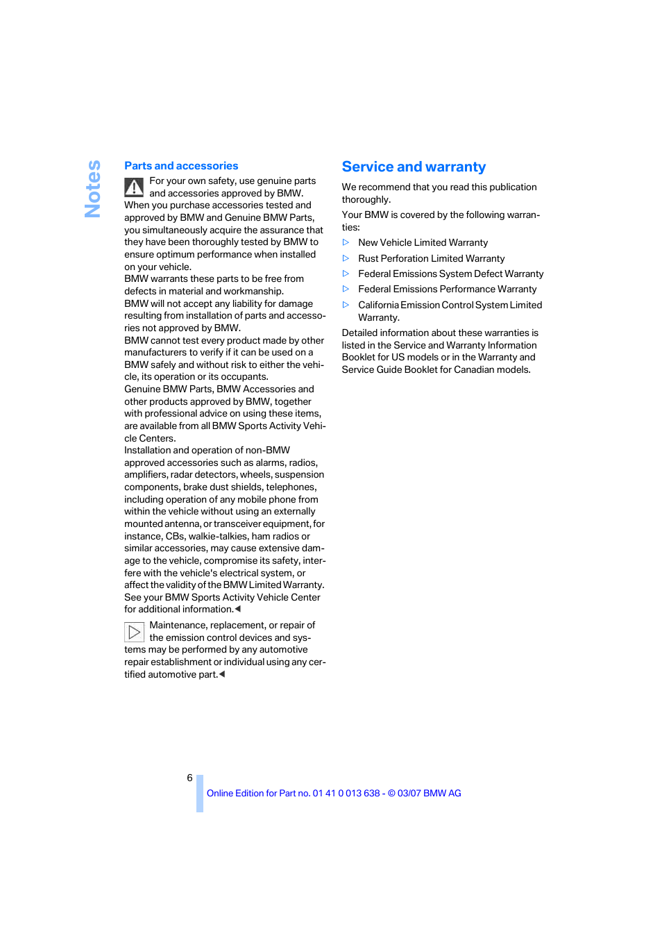 Service and warranty | BMW X3 3.0si SAV 2007 User Manual | Page 8 / 139