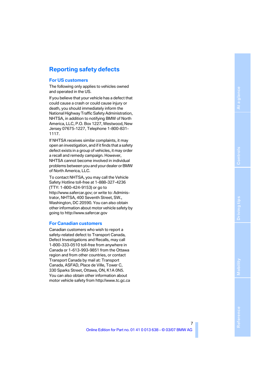 Reporting safety defects | BMW X3 3.0si SAV 2007 User Manual | Page 9 / 139