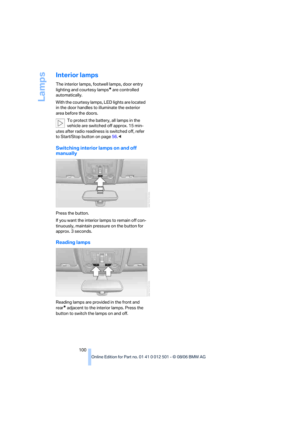 Interior lamps, La mp s | BMW X5 3.0si SAV 2007 User Manual | Page 102 / 272