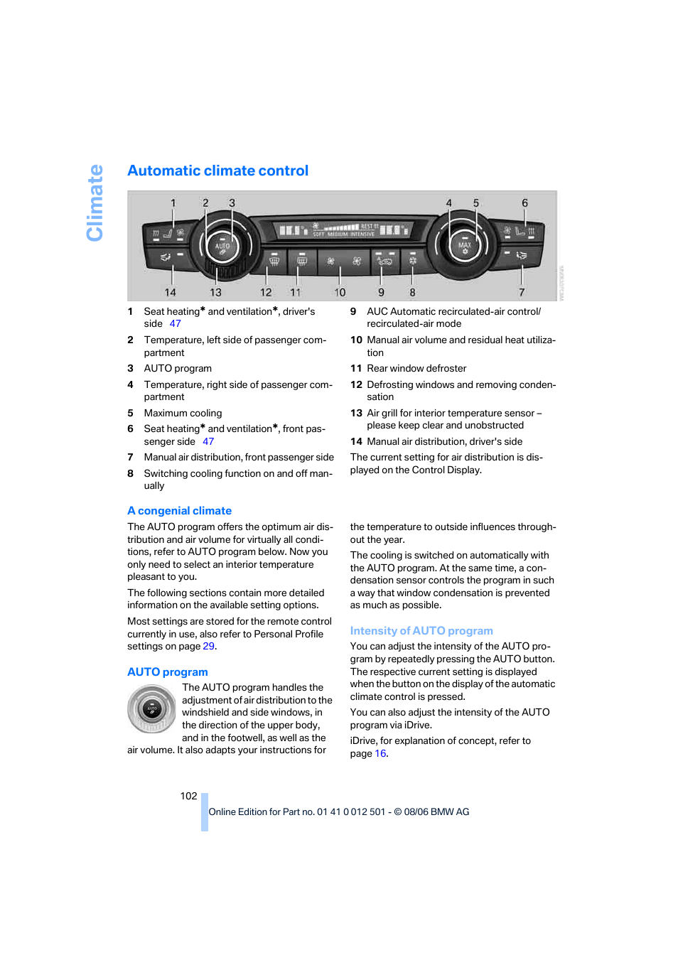 Automatic climate control, Climate | BMW X5 3.0si SAV 2007 User Manual | Page 104 / 272