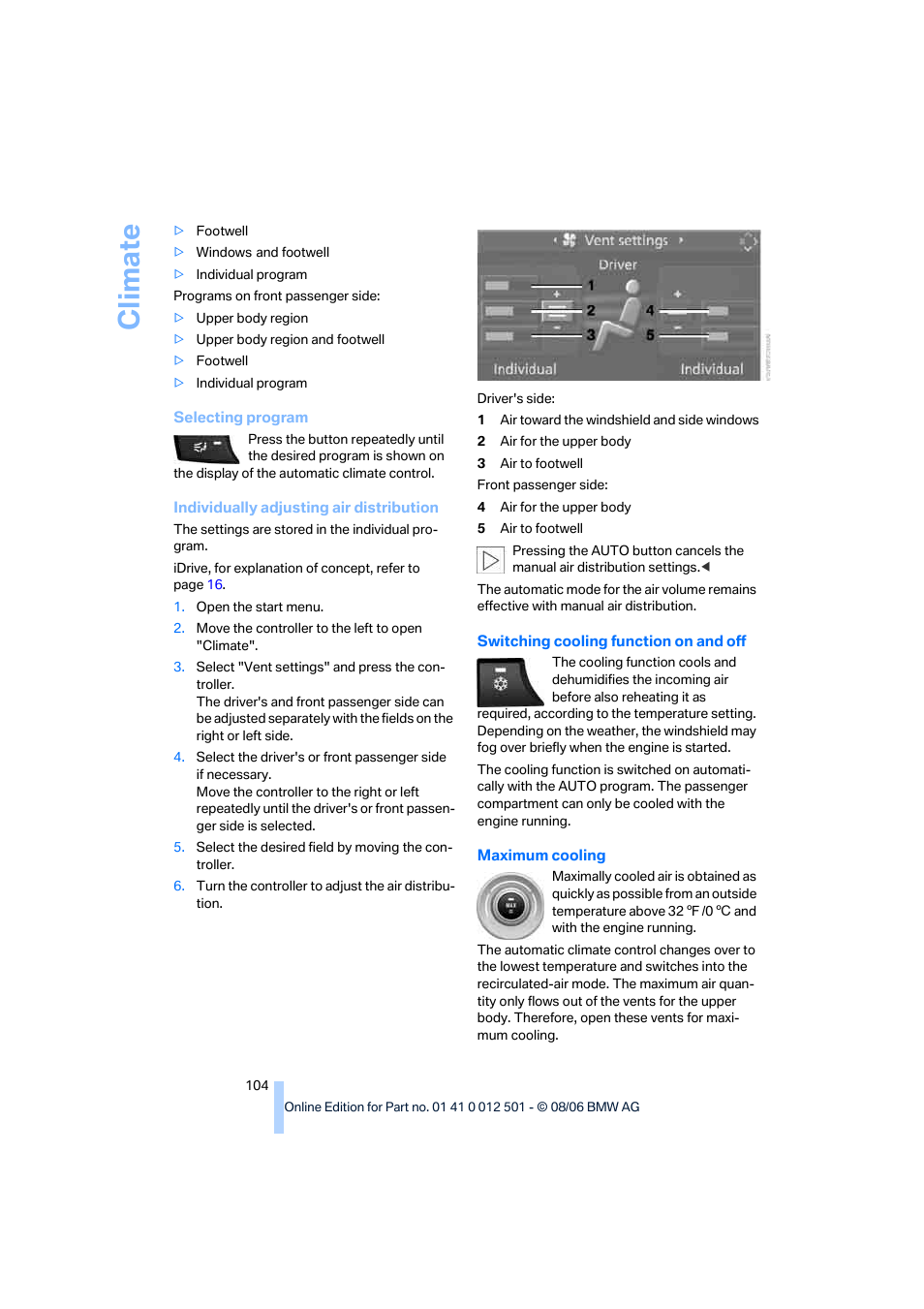 Climate | BMW X5 3.0si SAV 2007 User Manual | Page 106 / 272