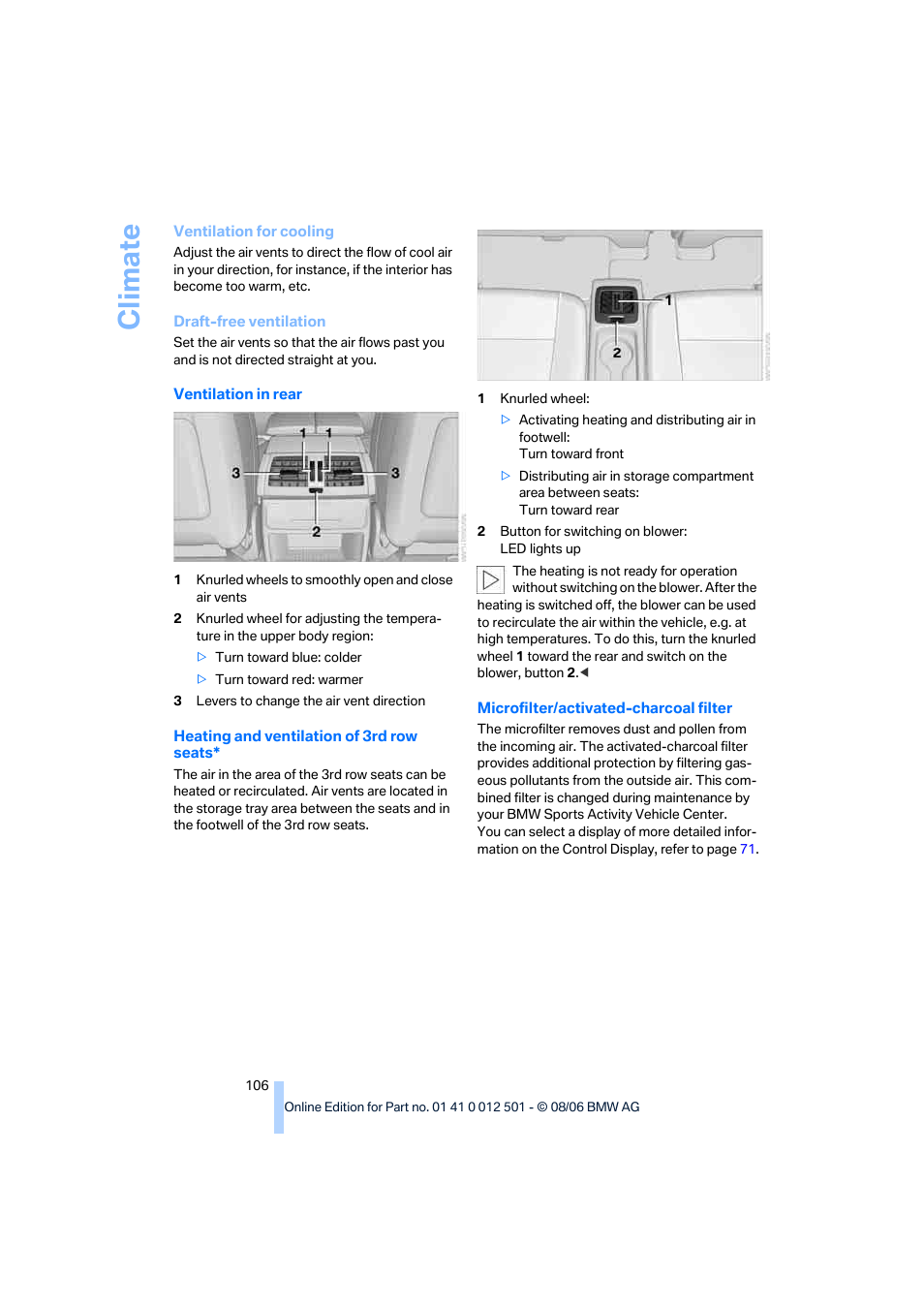 Climate | BMW X5 3.0si SAV 2007 User Manual | Page 108 / 272
