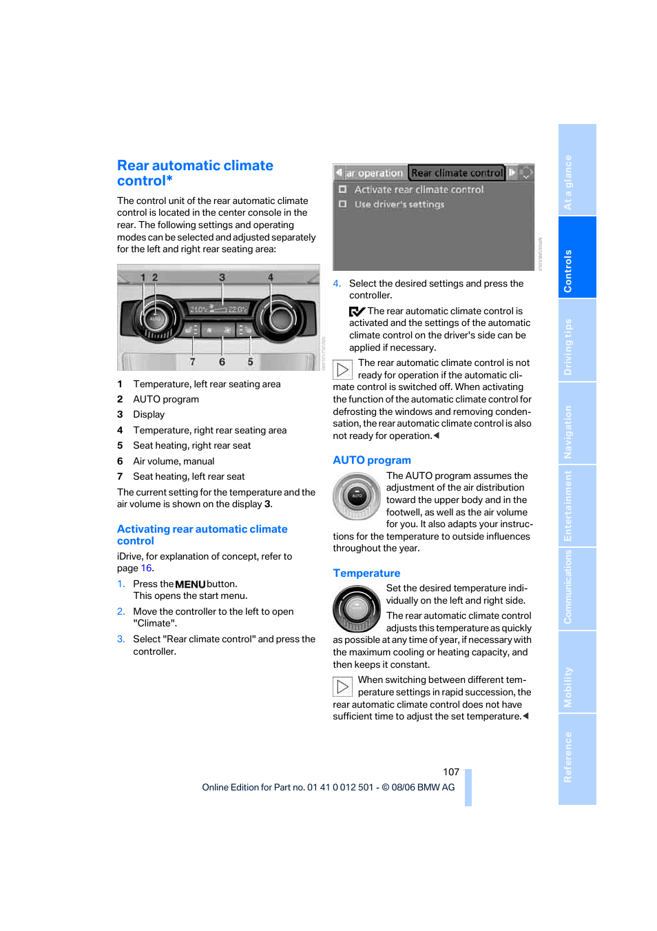 Rear automatic climate control | BMW X5 3.0si SAV 2007 User Manual | Page 109 / 272