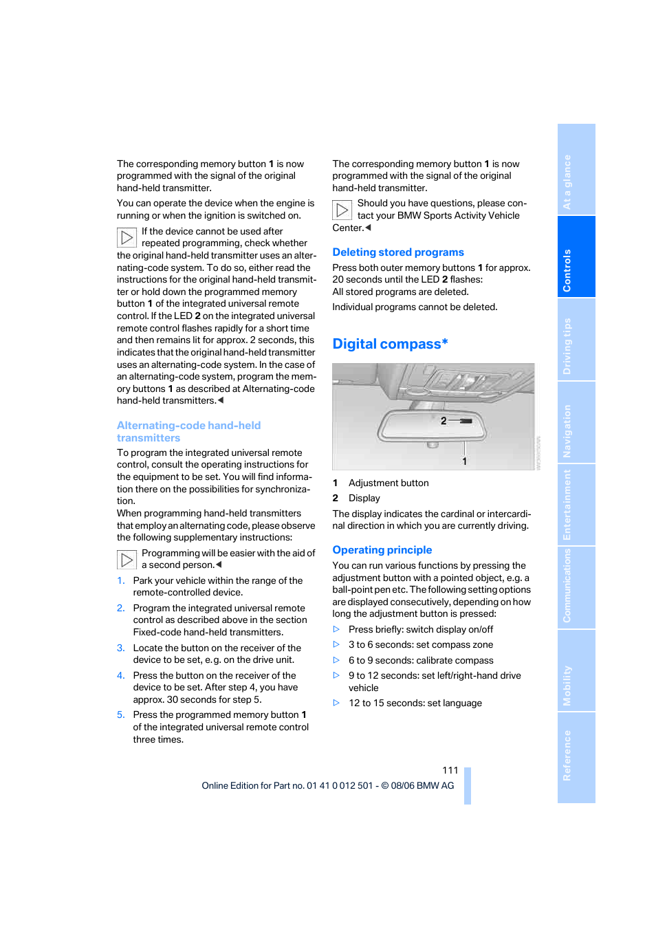 Digital compass | BMW X5 3.0si SAV 2007 User Manual | Page 113 / 272