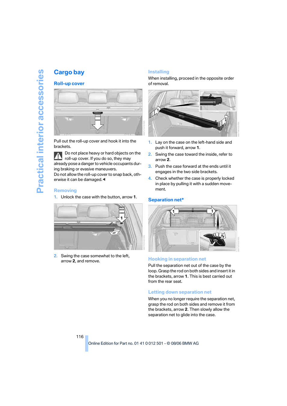 Cargo bay, Practical interi or acc ess orie s | BMW X5 3.0si SAV 2007 User Manual | Page 118 / 272