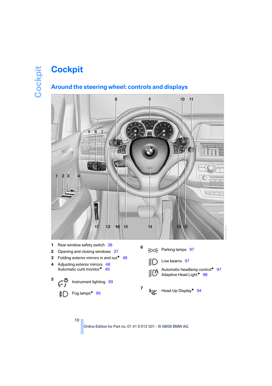 Cockpit, Around the steering wheel: controls and displays | BMW X5 3.0si SAV 2007 User Manual | Page 12 / 272