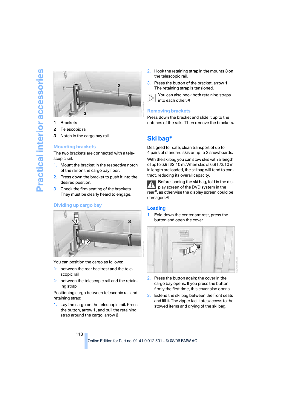 Ski bag, Practical interi or acc ess orie s | BMW X5 3.0si SAV 2007 User Manual | Page 120 / 272