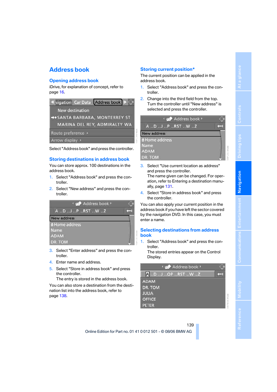 Address book | BMW X5 3.0si SAV 2007 User Manual | Page 141 / 272