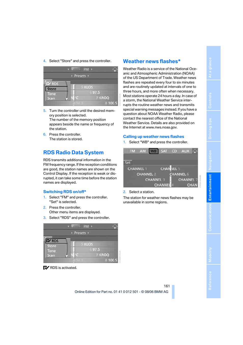 Rds radio data system, Weather news flashes | BMW X5 3.0si SAV 2007 User Manual | Page 163 / 272