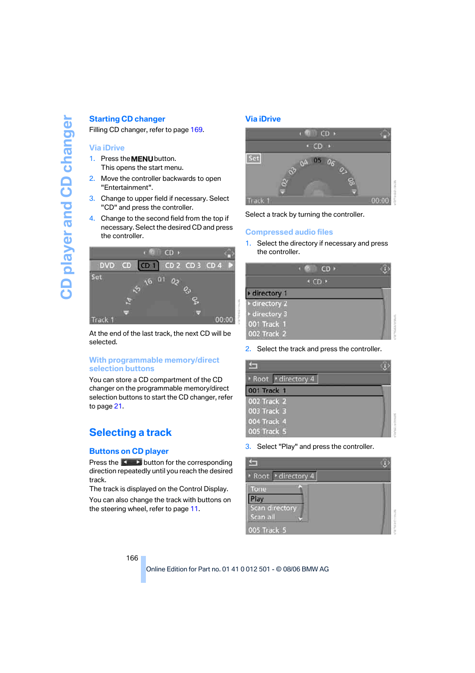 Selecting a track, Cd player and cd changer | BMW X5 3.0si SAV 2007 User Manual | Page 168 / 272