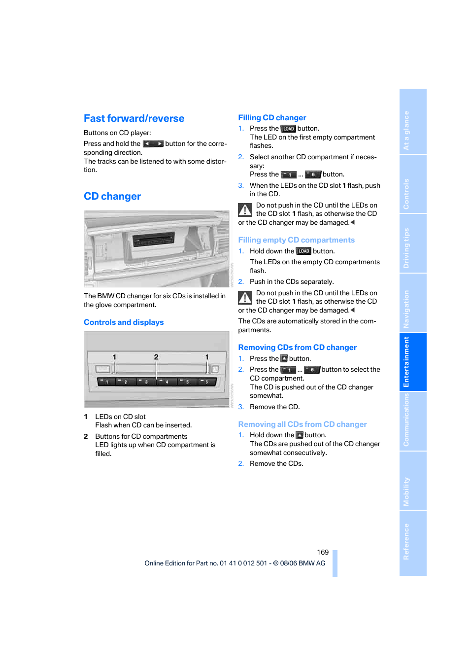 Fast forward/reverse, Cd changer | BMW X5 3.0si SAV 2007 User Manual | Page 171 / 272