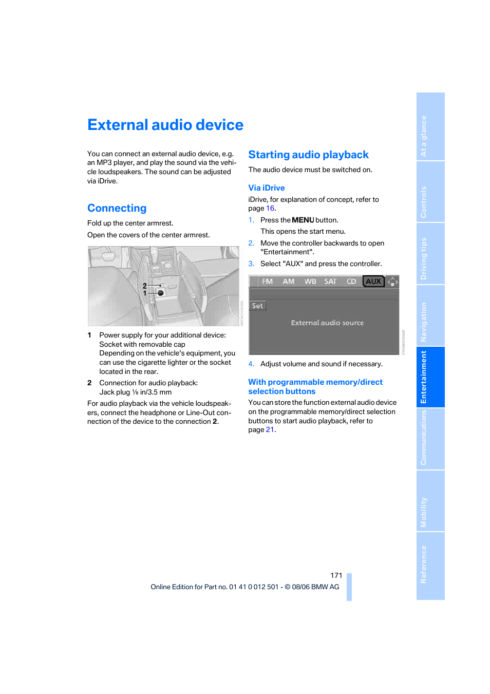 External audio device, Connecting, Starting audio playback | BMW X5 3.0si SAV 2007 User Manual | Page 173 / 272