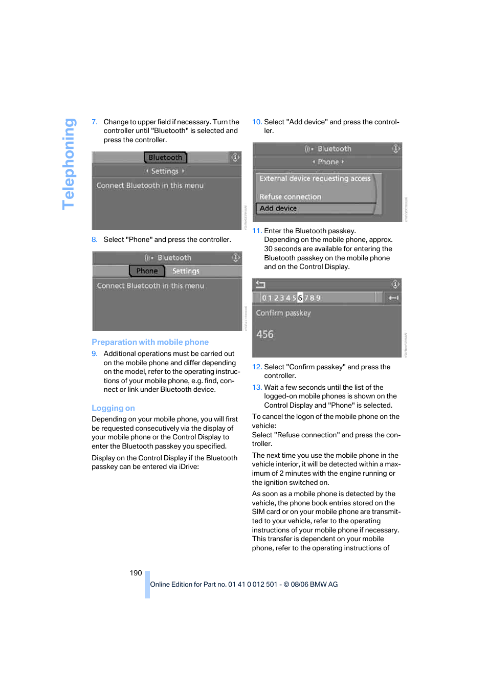 Telep h oning | BMW X5 3.0si SAV 2007 User Manual | Page 192 / 272