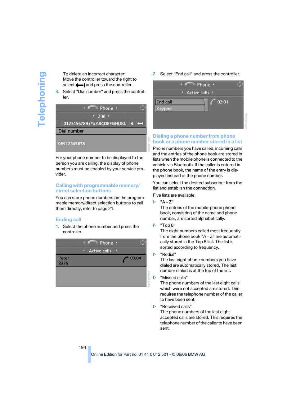 Telep h oning | BMW X5 3.0si SAV 2007 User Manual | Page 196 / 272