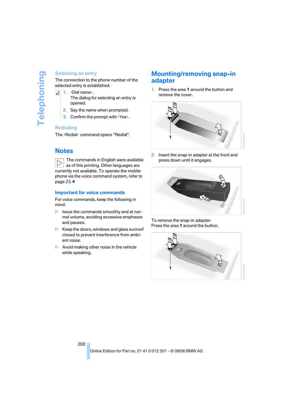 Notes, Mounting/removing snap-in adapter, Telep h oning | BMW X5 3.0si SAV 2007 User Manual | Page 202 / 272