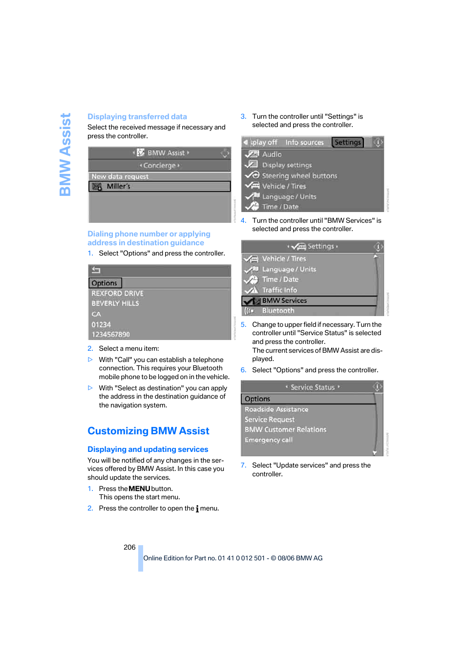 Customizing bmw assist, Bmw assis t | BMW X5 3.0si SAV 2007 User Manual | Page 208 / 272