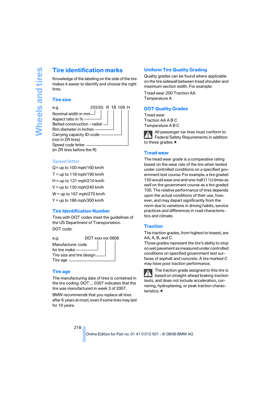 Tire identification marks, Wh eels and tire s | BMW X5 3.0si SAV 2007 User Manual | Page 220 / 272