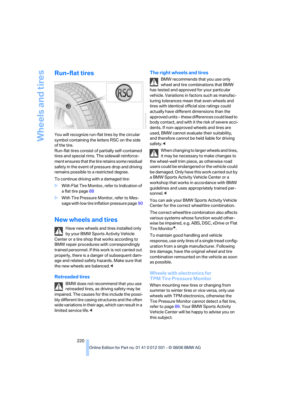 Run-flat tires, New wheels and tires, Wh eels and tire s | BMW X5 3.0si SAV 2007 User Manual | Page 222 / 272