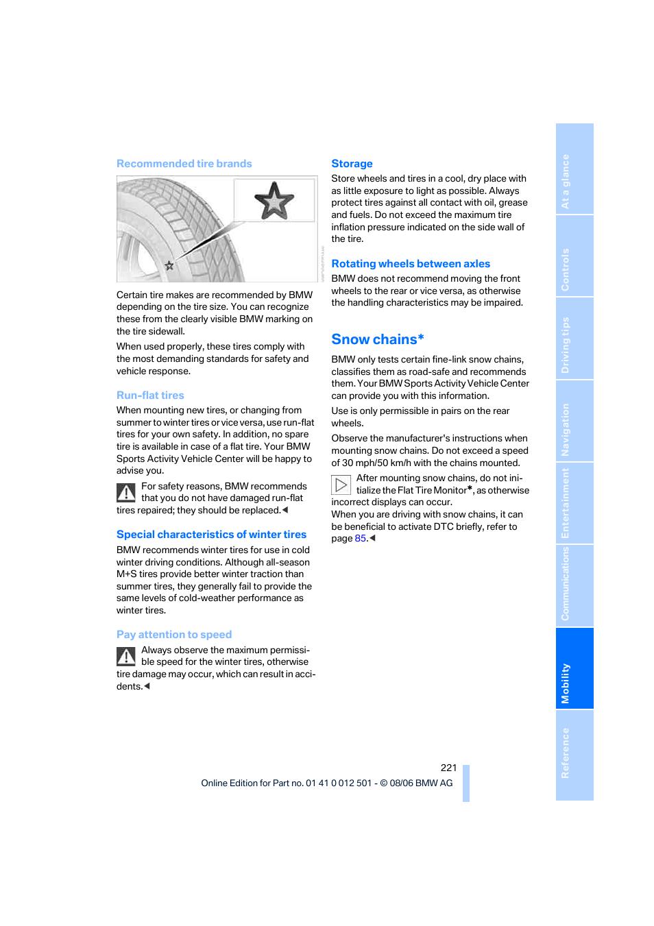 Snow chains | BMW X5 3.0si SAV 2007 User Manual | Page 223 / 272