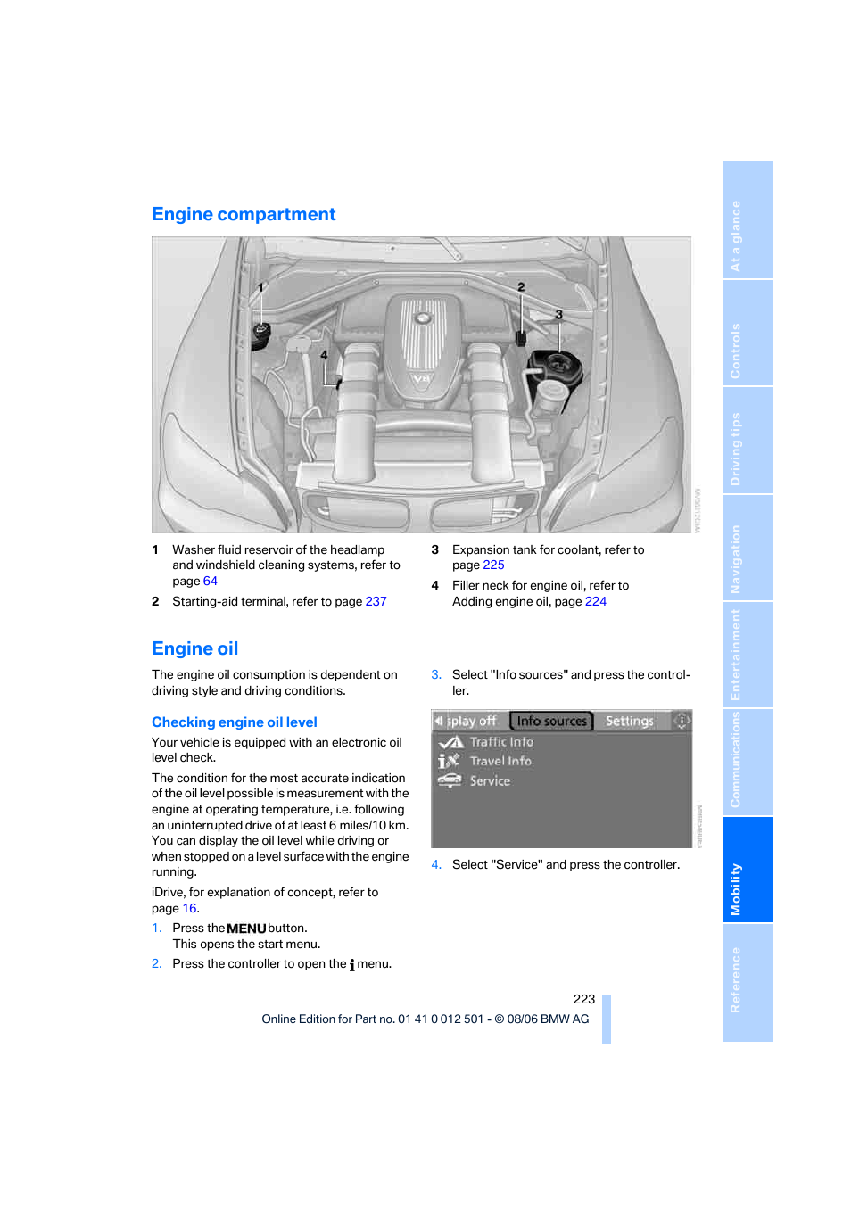 Engine compartment, Engine oil | BMW X5 3.0si SAV 2007 User Manual | Page 225 / 272