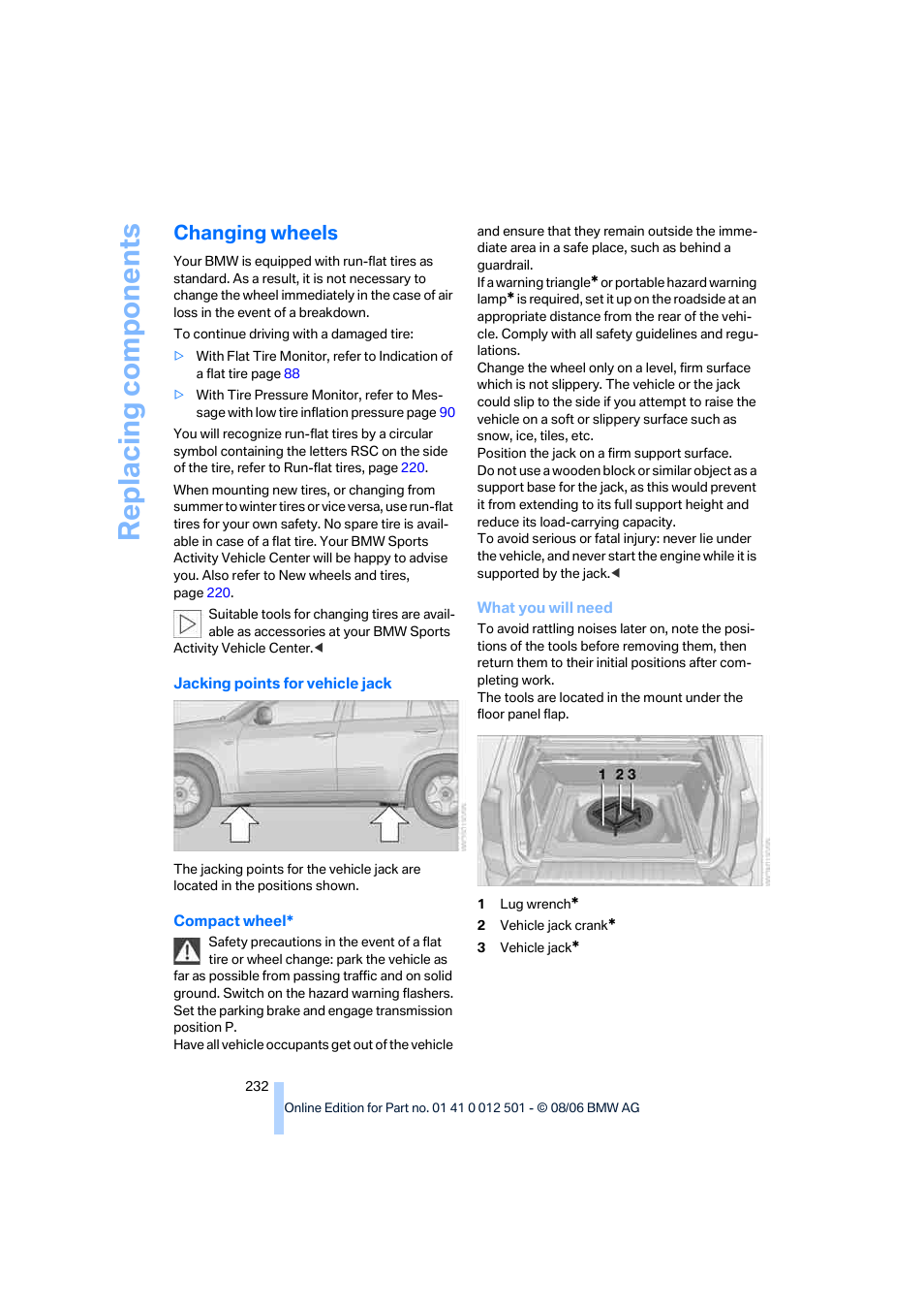 Changing wheels, Replacing components | BMW X5 3.0si SAV 2007 User Manual | Page 234 / 272