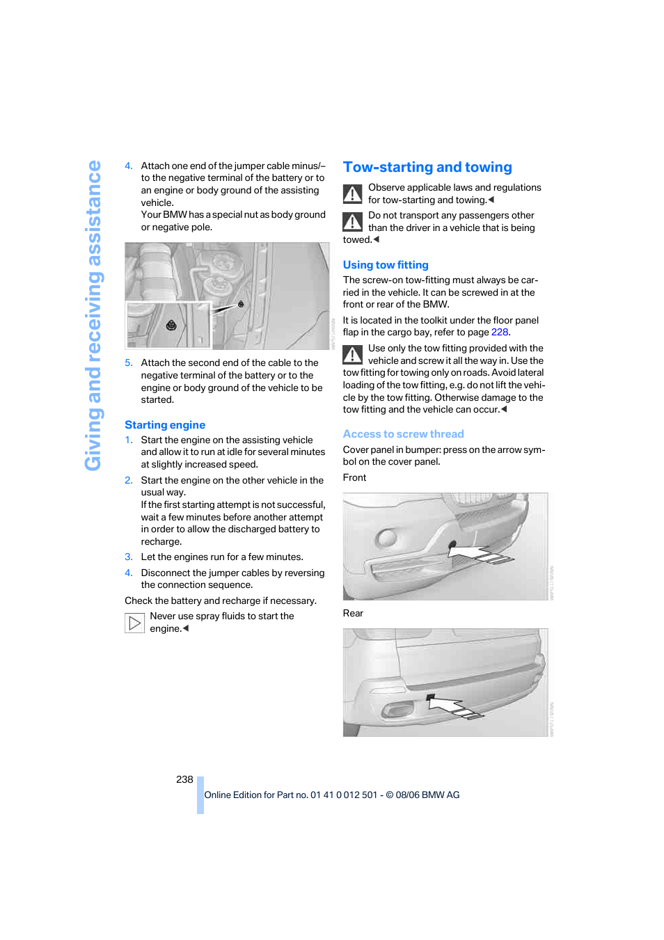 Tow-starting and towing, Giving and receiv ing as sistance | BMW X5 3.0si SAV 2007 User Manual | Page 240 / 272