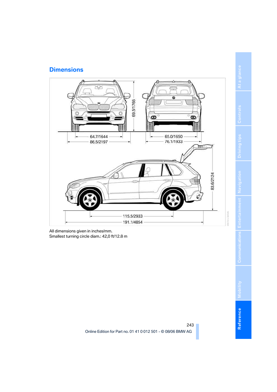 Dimensions | BMW X5 3.0si SAV 2007 User Manual | Page 245 / 272