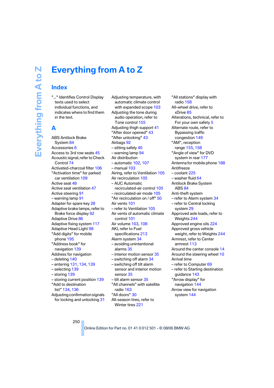 Everything from a to z, Index | BMW X5 3.0si SAV 2007 User Manual | Page 252 / 272