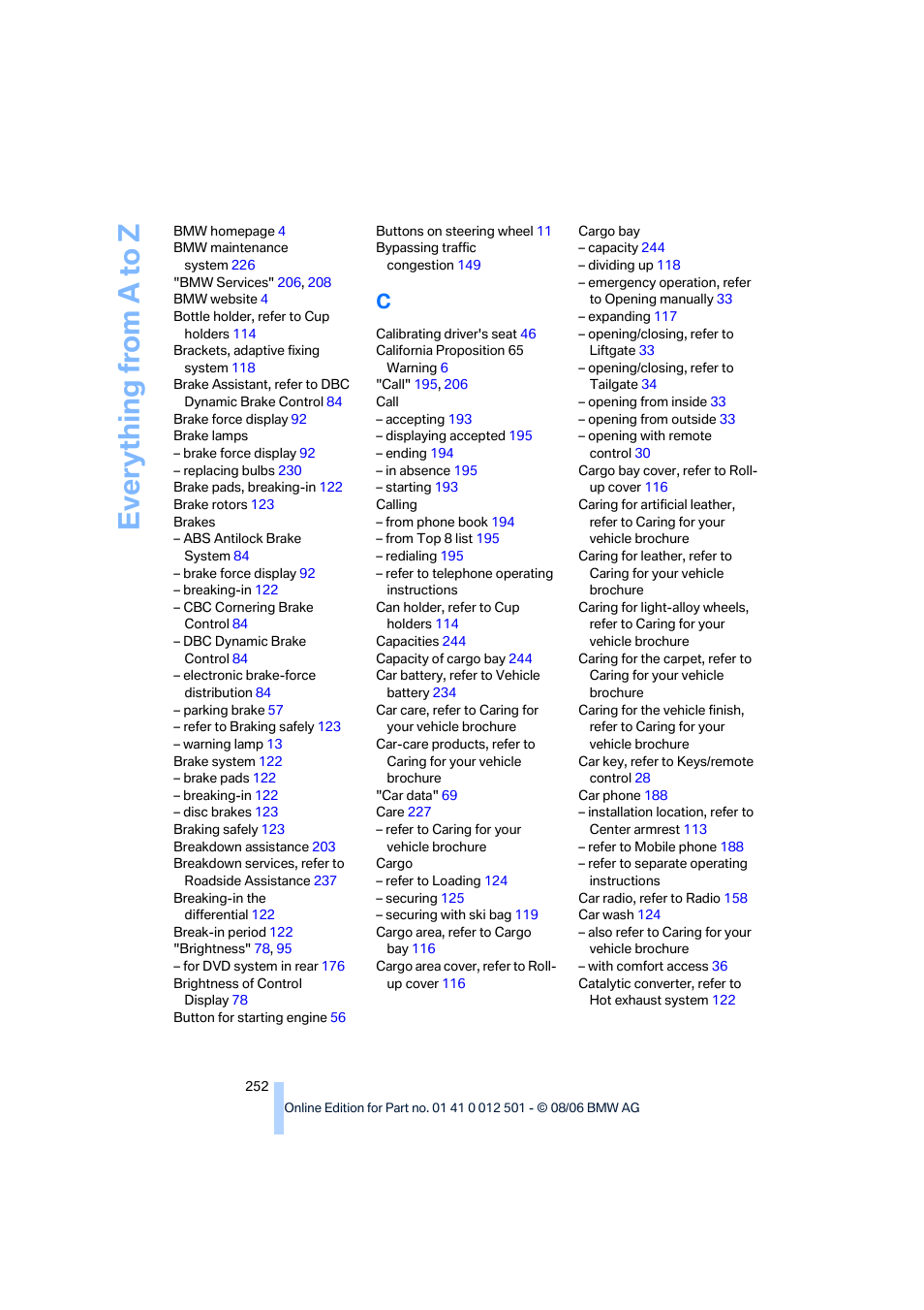 Everything from a to z | BMW X5 3.0si SAV 2007 User Manual | Page 254 / 272