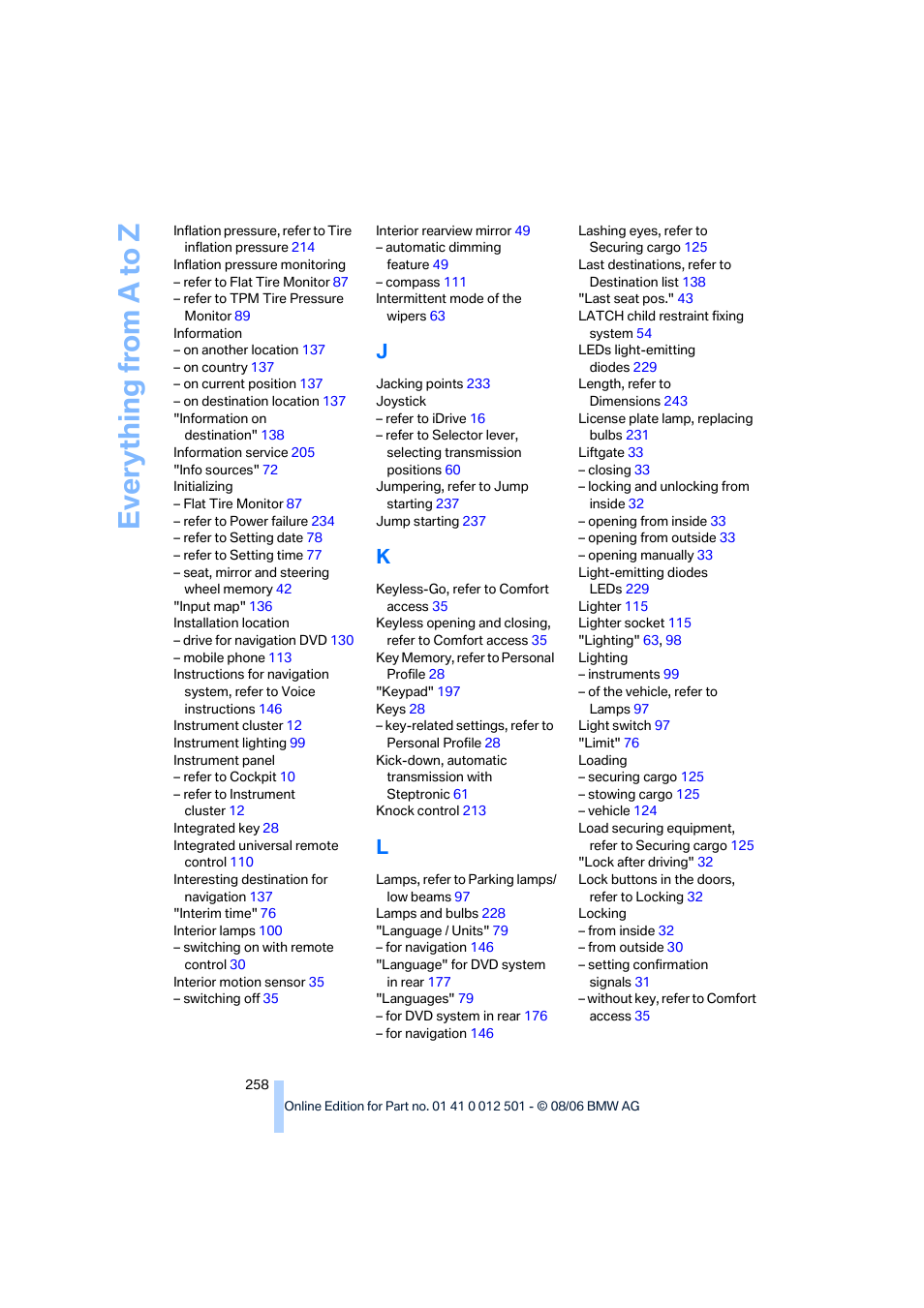 Everything from a to z | BMW X5 3.0si SAV 2007 User Manual | Page 260 / 272