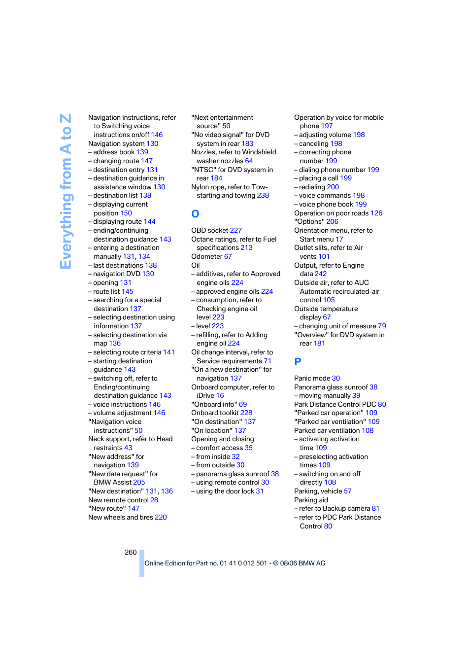 Everything from a to z | BMW X5 3.0si SAV 2007 User Manual | Page 262 / 272